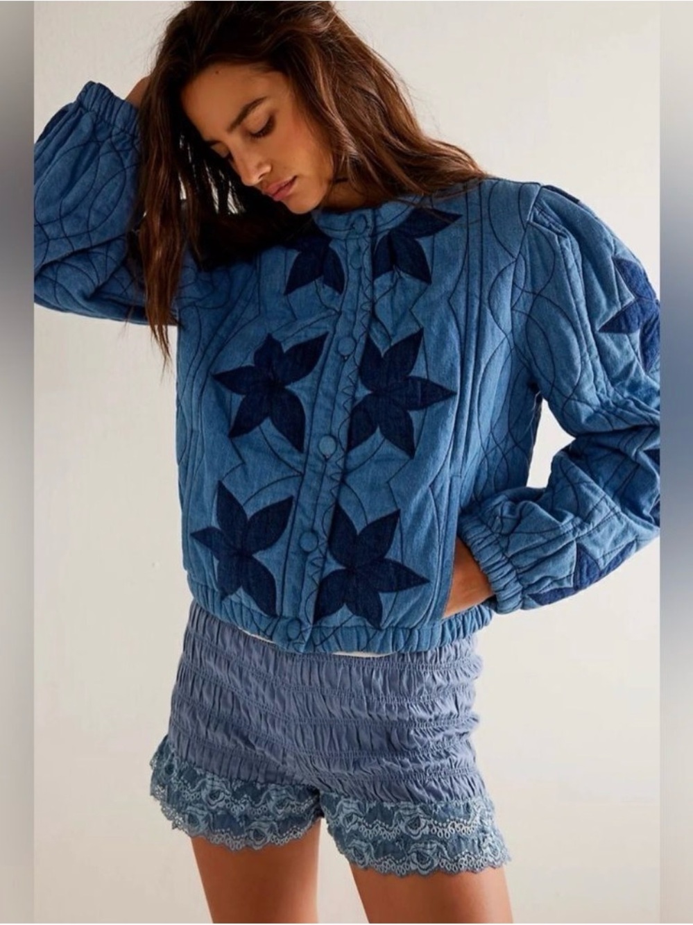 Free People Quinn Quilted Jacket indigo wash Floral Quilt Stitch Fall Coat - Picture 2 of 11